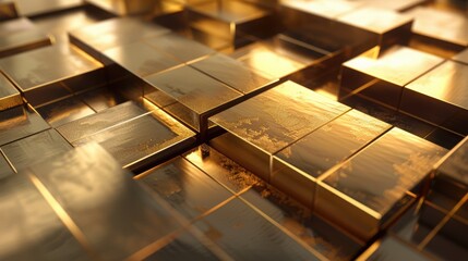 Shifting Perspectives: Golden Abstract Shapes Ascending on Geometric Grid in Modern Art Exhibition