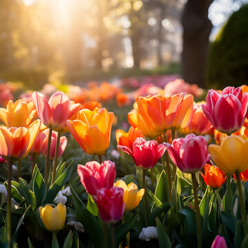 Colorful tulip flowers blooming in the garden. Spring nature background