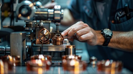 Detailed close-up of a technician calibrating copper parts, sophisticated instruments and gauges, highlighting precision and craftsmanship