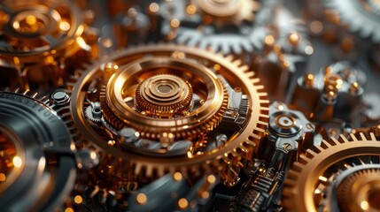 Detailed golden and metallic gear system, precision engineering highlighted by sleek and elegant design elements, a marvel of machinery