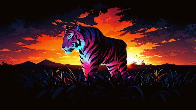 カラフルで風変わりなトラのシルエット 夕焼けのデザイン映像