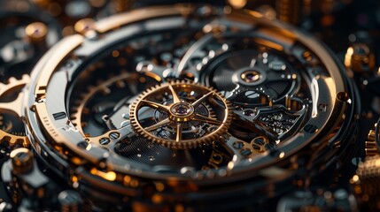 Elegant watch mechanism with precious metals, showcasing the dynamic motion of sprockets and gears, set in a high-end environment