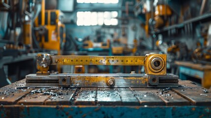 Golden calipers measuring a piece of iron, showcasing precision engineering and craftsmanship, set in a professional workshop