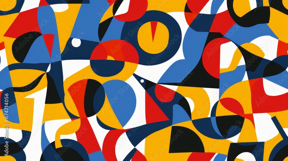 Poster a modern, abstract pattern with bold, overlapping shapes in primary colors, ideal for contemporary a