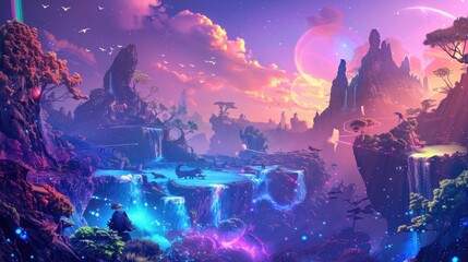 Obraz premium Surreal fantasy landscape with glowing waterfalls and a pink moon.