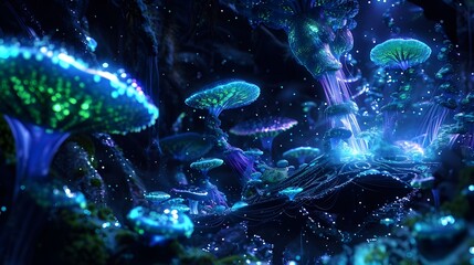 Naklejka premium Bioluminescent Algae and Iridiicent Structures in a Dreamlike Digital Ecosystem of Biophilic Futurism Design
