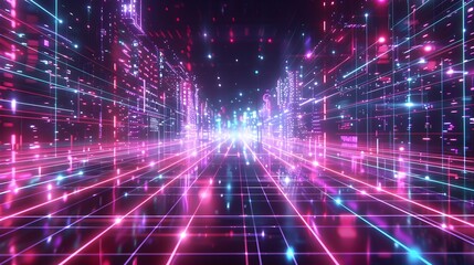 Obraz premium Luminous Neon Grid - A Retrofuturistic Technological Landscape Pulsating with Data Streams