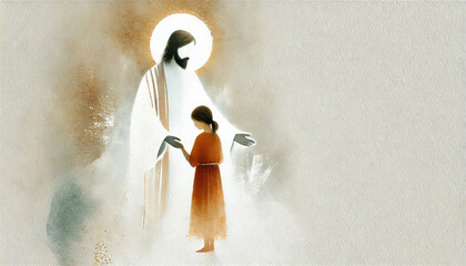 Jesus Christ holding the hand of a little girl. Digital illustration.
