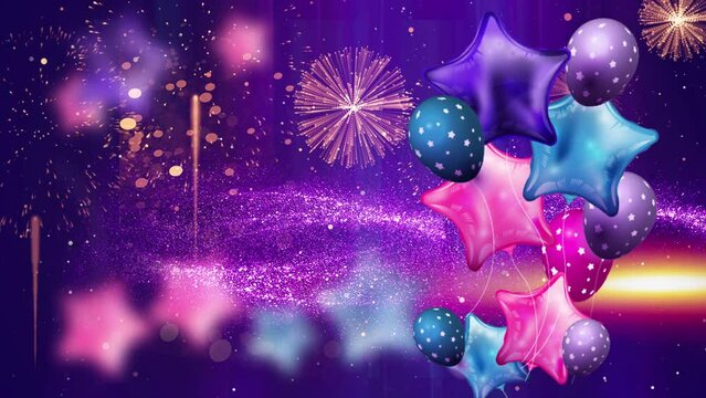 colorful happy birthday festive celebration backgrounds with balloons and fireworks lighting sparklers animation confetti whimsical