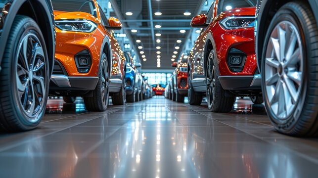 Car showroom featuring a mix of sedans, SUV and electric vehicles Generative AI