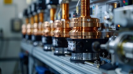 High-tech lab calibrating sensitive copper equipment, precise adjustments with advanced machinery, showcasing technical expertise