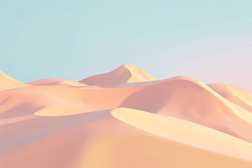 A scenic view of a desert landscape with soft, glowing sand dunes under a pale blue sky.