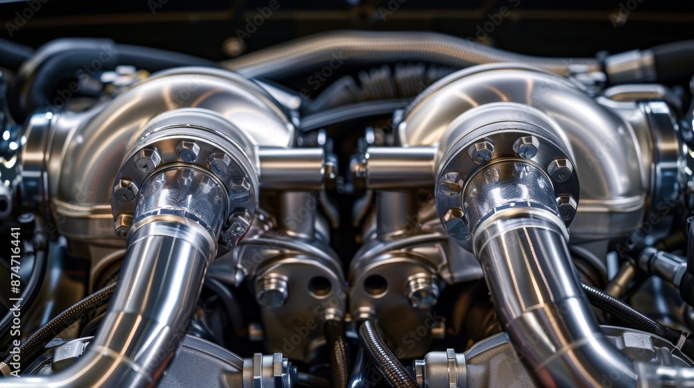 Poster a detailed image of a twinturbo setup with two identical turbochargers symmetrically p on either sid