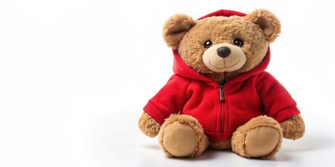 Teddy bear toy wearing a red velcro hoodie, cute, plush, fluffy, stuffed animal, adorable, cuddly, soft, kid's toy, children