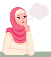 Muslim woman thinking hand gesture with empty bubble speech illustration