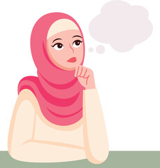 Muslim woman thinking hand gesture with empty bubble speech illustration