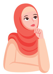 Muslim woman with serious face and thinking hand gesture illustration. Vector flat design