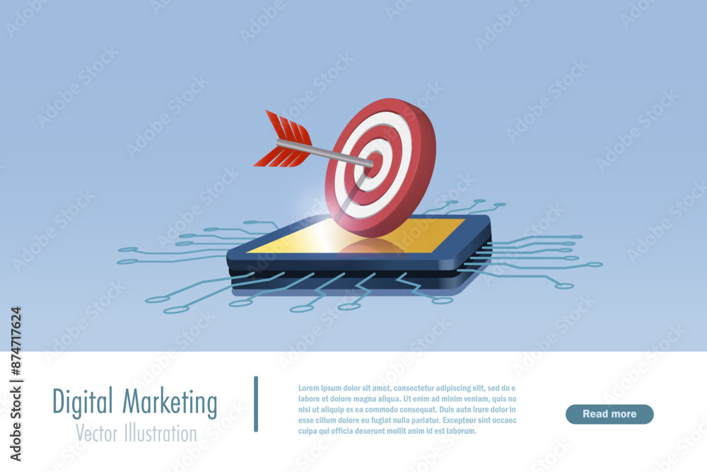 Poster digital marketing and success business target using ai technology. target arrow on electronic circui
