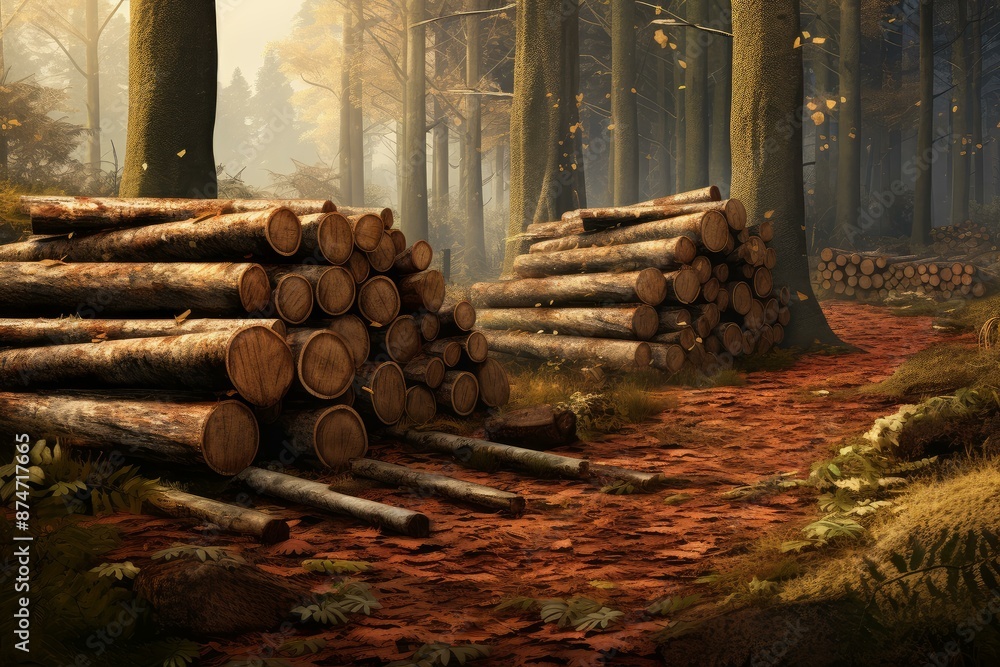 Poster enchanting woodland in autumn with a stack of timber and golden sunlight filtering through trees