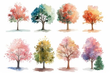 vintage watercolor colorful trees collection on white background