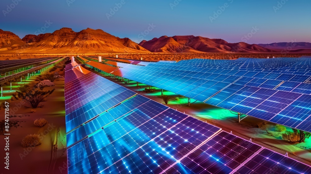 Wall mural a vast solar farm stretches across a desert landscape under a twilight sky. the panels shimmer with 