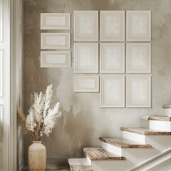 Mock up series of photo frame on modern gallery wall, gallery art  on staircase, interior art, modern architecture 