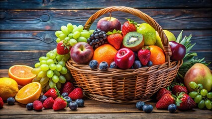 A vibrant and colorful assortment of fresh fruits in a rustic wicker basket, healthy, organic, assorted, tropical, juicy