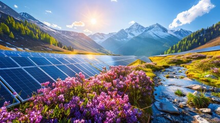 Solar panels nestled in a picturesque mountain valley with blooming wildflowers and a babbling brook.