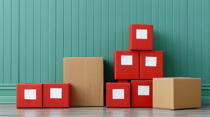 Obraz premium Stack of red and brown cardboard boxes against a teal wall.