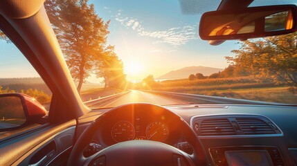 View from the car through the windshield on the road. Sunset. Dawn. Golden hour. Traveling by car. Banner, poster, background. Copy space. Dashboard.
