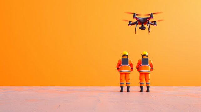 Two firefighters in orange suits stand in front of an orange background with a drone flying above.