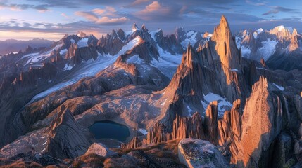 Obraz premium A stunning mountain range with jagged peaks and pristine alpine lakes, illuminated by the warm light of dawn.
