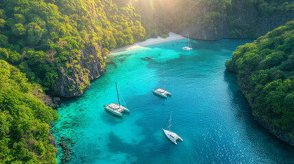 Aerial view of yachts sailing on turquoise water near tropical island