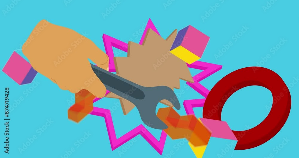 Poster wrench with geometrical graphic retro work tool theme background video. minimal geometric elements a