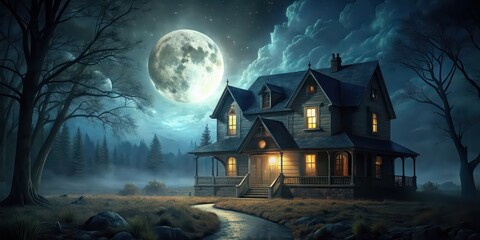 Dark and eerie house illuminated by moonlight at night, house, night, moonlight, darkness, creepy, spooky
