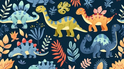 A playful and vibrant pattern featuring cartoon dinosaurs and prehistoric plants, perfect for clothing and accessories.