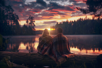 Couple Enjoying a Tranquil Sunset by the Lake