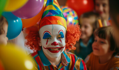 Obraz premium Clown Entertaining Kids at a Birthday Party