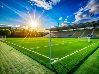 Obraz premium Green grass football stadium with bright blue sky, white goals, and freshly marked lines, awaiting intense match action under warm sunlight.