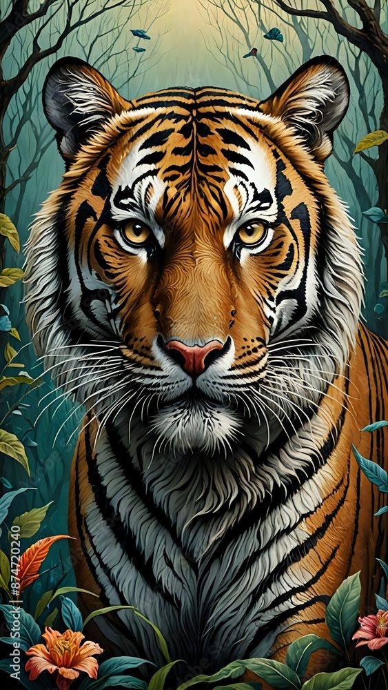 Wall mural A close up portrait of a tiger in a lush forest setting, with vibrant orange and green foliage.