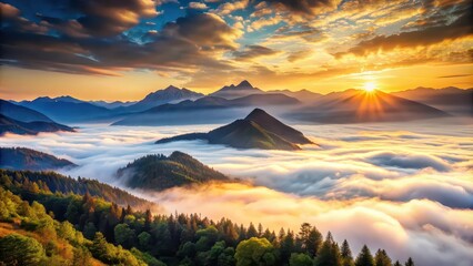 Majestic mountains at sunrise with misty clouds floating in the valley below, mountains, morning, sunrise, mist, clouds, scenic