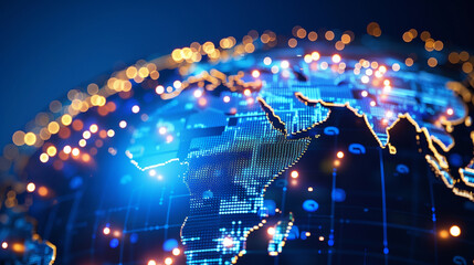 Fototapeta premium Network with digital world map wireless communication in city world social media technology.
