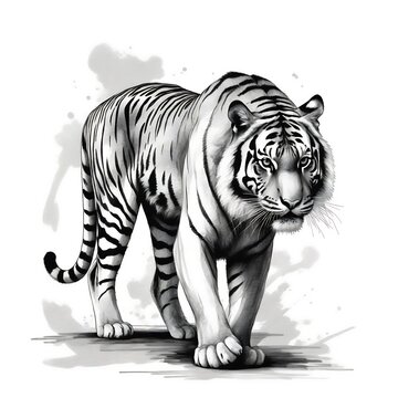 recommend clip art: A black and white drawing of a tiger walking forward, ideal for wildlifethemed designs, tshirts, posters, and educational materials.
                    
