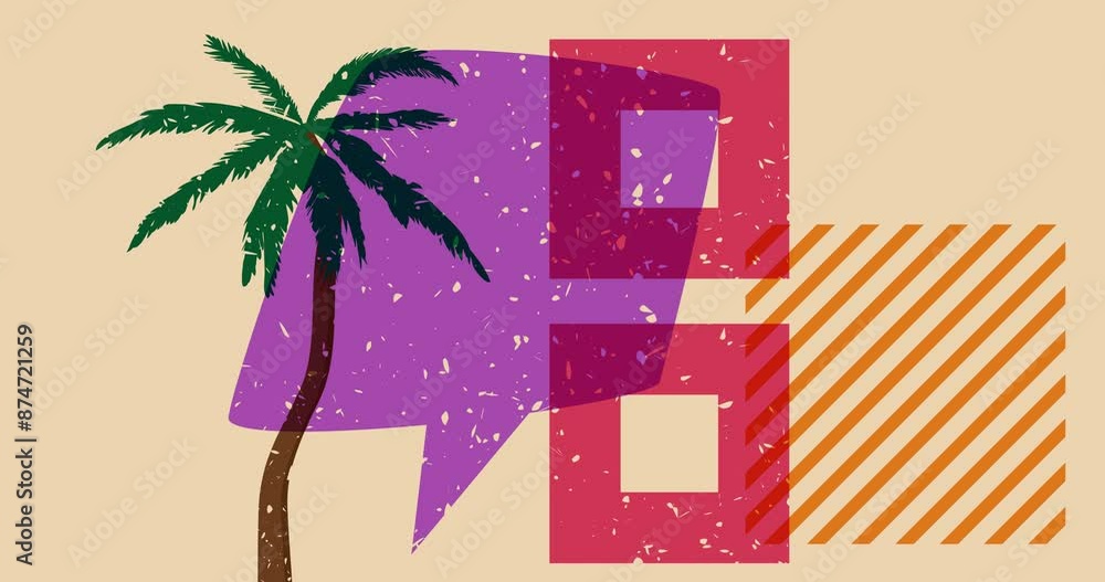 Poster risograph palm tree and speech bubble with geometric shapes animation. moving object in trendy riso 