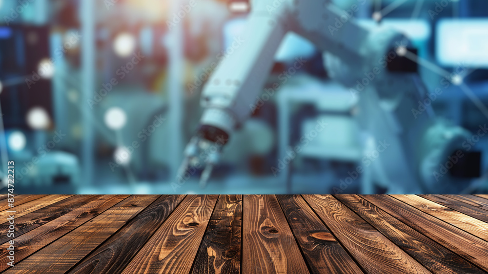 Poster empty wood table top with blur background of factory with robotic arms. the table giving copy space 