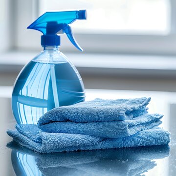 Close-up of a cleaning spray bottle and microfiber cloths, representing thorough cleaning, [cleaning supplies], [hygiene tools]