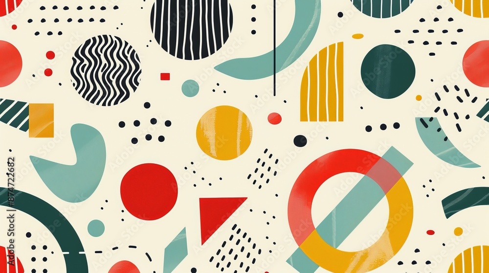 Poster a retro-inspired pattern with colorful geometric shapes and bold lines, evoking a sense of nostalgia