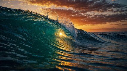 Big waves at sea at sunset.
