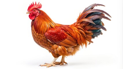 Fototapeta premium A vibrant red adult hen stands alone on a pure white background, showcasing its full plumage, with intricate feathers and a proud, upright posture.