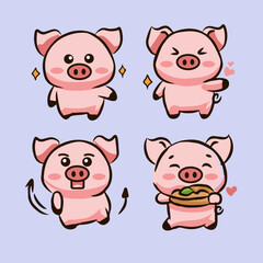 hand drawn cute pig cartoon character set bundle